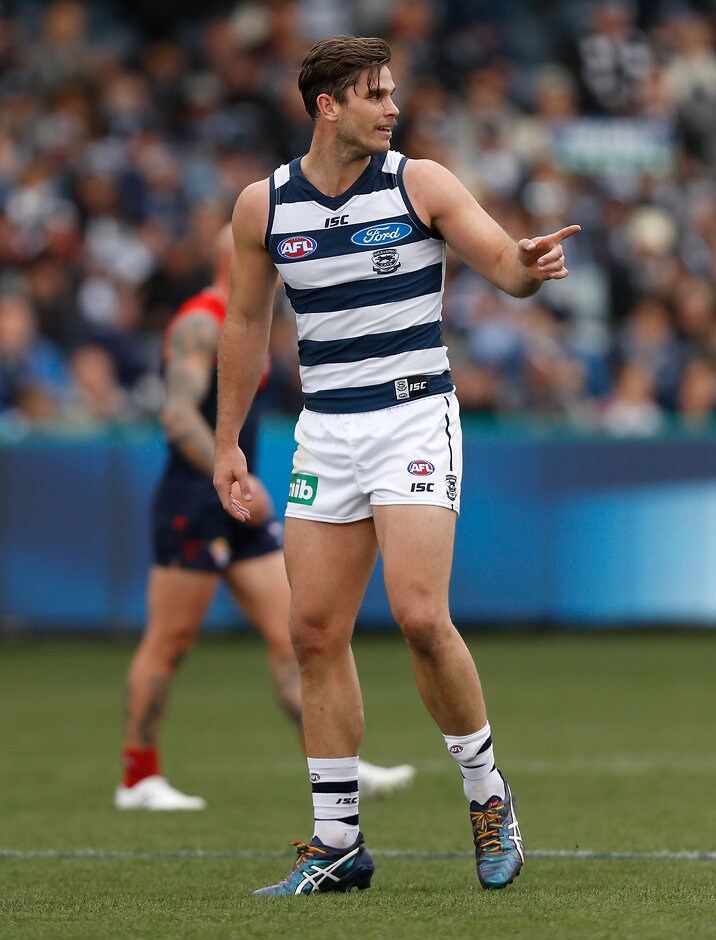 AFL 2016 Rd 23 - Geelong v Melbourne GEELONG, AUSTRALIA - AUGUST 27: Tom Hawkins of the Cats celebrates a goal during the 2016 AFL Round 23 match between the Geelong Cats and the Melbourne Demons at Simonds Stadium on August 27, 2016 in Geelong, Australia. (Photo by Michael Willson/AFL Media)